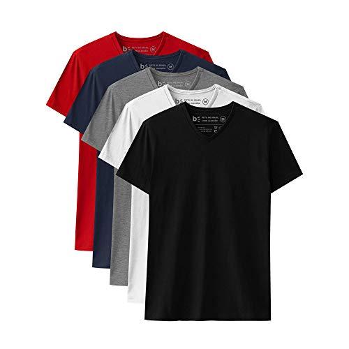 Kit 5 Camiseta Básica Gola V, basicamente. Masculino, Branco/Preto/Azul Marinho/Vermelho/Mescla Escuro GG