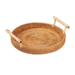 Queenser Bandeja de servir de cesta de pão de rattan redonda com alças para jantares de bolachas e café da manhã (S/M)