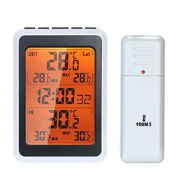 KKcare Monitor de temperatura ambiente interno externo sem fio termômetro digital até 328 pés de distância com retroiluminação de relógio despertador