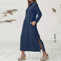 Domary Vestido longo feminino casual mangas compridas com bolsos laterais fenda vintage maxi robe