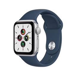 Apple Watch SE (GPS), Caixa em alumínio prateado de 40 mm com Pulseira esportiva azul abissal
