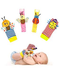 Conjunto de brinquedos para chocalhos de pulso e meias localizadoras de pés para bebês, presente para chuveiro sensorial de desenvolvimento infantil com insetos de jardim fofos, 4 pacotes (4 Pack)