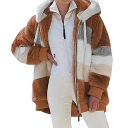 Domary Casaco de pelúcia moda feminino de inverno com capa de manga comprida com zíper com bolso jaqueta quente e macia