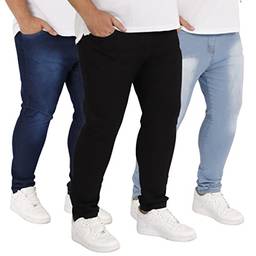 Kit 3 Calças Jeans Skinny Slim Masculina Plus Size (52, Escuro/Claro/Preto)