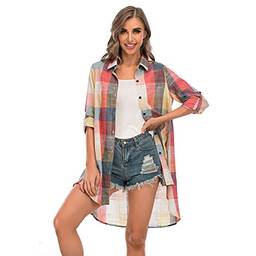 Domary Camisa xadrez feminina com mangas compridas enroláveis, bolsos com botão virado para baixo, blusa casual solta e blusa tamanho plus size
