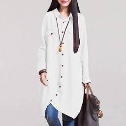 Domary Nova blusa feminina de linho de algodão longa irregular com botões de bainha solta casual vintage top camisa vestido branco/roxo/azul escuro