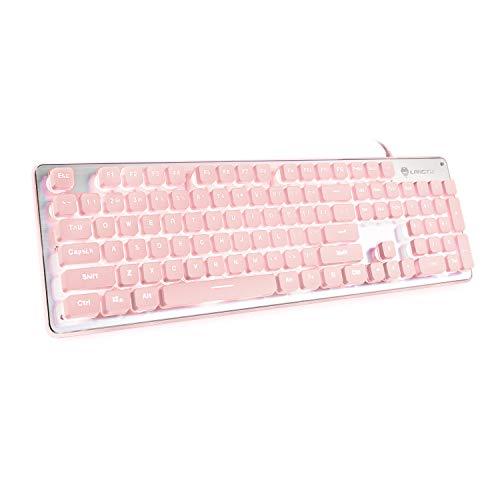 LANGTU Teclado de computador, teclado retroiluminado LED rosa para escritório, painel todo em metal, teclado de membrana com fio USB, teclado de laptop anti-ghosting com 25 teclas, 104 teclas