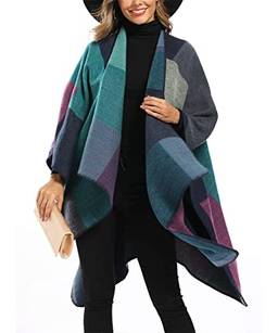 Envoltório de xale de bloco de cores feminino plus size cardigan poncho capa aberta frontal longo casaco de inverno (roxa)