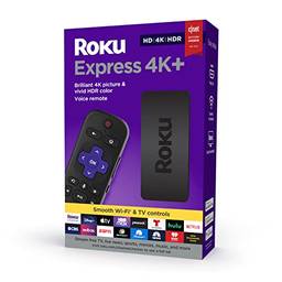 Roku Express 4K+ 2021 | Streaming Media Player HD/4K/HDR com Streaming sem fio suave e controle remoto Roku Voice com controles de TV, inclui cabo HDMI® premium