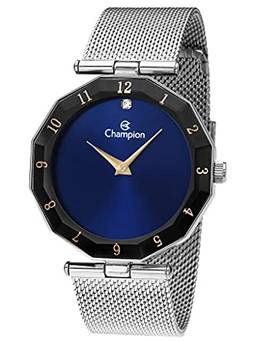 Relógio Champion, Feminino CN20867F linha vidro sextavado pulseira em aço Prateada