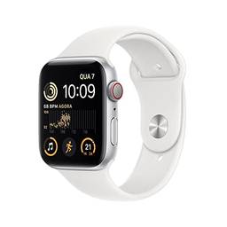 Apple Watch SE (2a geração) GPS + Cellular, Smartwatch com caixa prateada de alumínio – 44 mm • Pulseira esportiva branca – Padrão