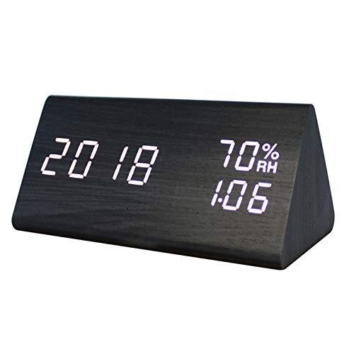 Relógio Despertador Digital, com display eletrônico de LED de madeira para as horas, 3 configurações de alarme, Detecção de umidade temperatura, Relógios em forma de triângulo para cabeceira do quarto