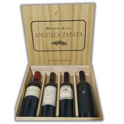 Caixa de Madeira com 4 Vinhos Argentinos - Agelica Zapata Malbec, El Enemigo Malbec, DV Catena Malbec Malbec, Alma Negra
