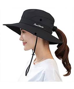 Chapéu de sol feminino com rabo de cavalo proteção UV malha dobrável de aba larga Chapéu de pesca de praia (Preto)