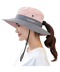 Chapéu de sol feminino com rabo de cavalo proteção UV malha dobrável de aba larga Chapéu de pesca de praia (Rosa)