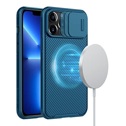 Capa magnética para iPhone 13 Pro Max compatível com Magsafe, Nillkin CamShield Pro Case com capa de câmera deslizante de 17 cm, círculo magnético embutido - listras azuis