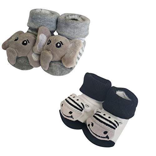 Kit 2 pares de meia algodão Plin Baby bichinho antiderrapante - Elefante+Zebra (Cinca, branco, preto)
