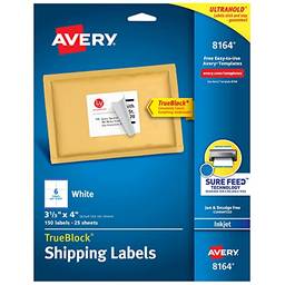 Avery Etiquetas de endereço de entrega, impressoras a jato de tinta, etiquetas 150, etiquetas 3-1/3x4, adesivo permanente, TrueBlock (8164), branco