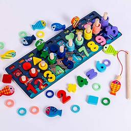 KKmoon Brinquedo de pesca magnética infantil Educação infantil Placa logarítmica Número de madeira quebra-cabeça de forma de classificação para crianças pré-escolares
