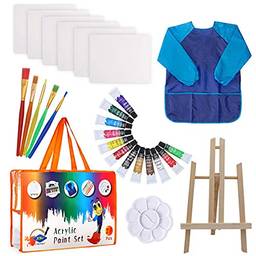 Duotar Kit Tubos De Tinta Acrílica,27pcs conjunto de desenho de arte infantil 12 cores vibrantes tinta acrílica com 5 pincéis/paleta de tintas/cavalete/blusa de pintura gráfico de mistura de cores