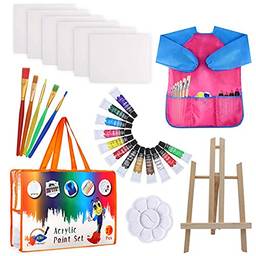 Sokg 27pcs conjunto de desenho de arte infantil 12 cores vibrantes tinta acrílica com 5 pincéis / paleta de tintas / cavalete / blusa de pintura gráfico de mistura de cores para crianças / adolescentes /