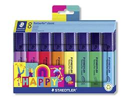STAEDTLER, Textsurfer clássico Happy colours, longa duração de marcação, secagem em segundos, ponta de 1-5 mm, 8 marcadores em caixa de cartão, 364 C8 HÁ, Modelo: 364 C8 HA, Cor: Multicolorido