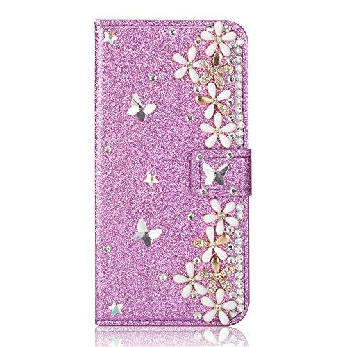 Capa carteira XYX para iPhone 11, capa carteira para iPhone 11, capa carteira de couro PU com design de flor da sorte com glitter para meninas e mulheres para iPhone 11 de 6,1 polegadas (roxa)