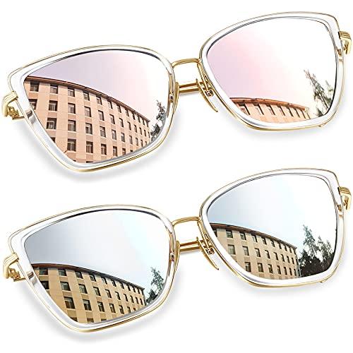 Óculos de Sol Feminino Olho de Gato Joopin Vintage Armação de Metal Óculos Lente Espelhada Proteção UV 400 (Rosa+Prata)