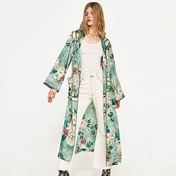Domary Casaco vintage feminino retro com estampa floral quimono longo jaqueta manga comprida Cardigan maxi xale tops com cinto verde