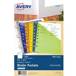 Avery Mini bolsos para fichário, cores sortidas, serve para fichários de 3 anéis e 7 anéis, durável, 5 jaquetas diagonais (75307)