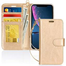 Capa de Celular FYY Para Iphone XR, Flip, PU, Compartimento de Cartão e Suporte - Dourado
