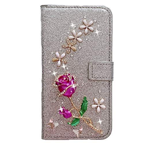 Capa carteira XYX para Samsung Galaxy S10 Lite/A91, [flor rosa 3D] capa carteira de couro PU brilhante com glitter para mulheres e meninas, prata
