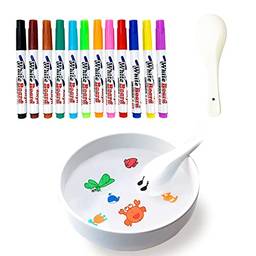 Conjunto de pintura a água para crianças, caneta de tinta flutuante mágica, marcador branco de apagar a seco, inclui 12 canetas de desenho 1 colher de cerâmica