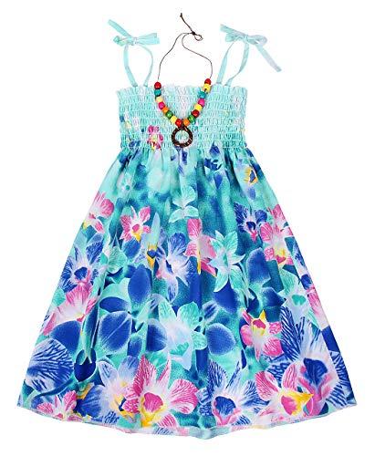 Cotrio Trajes de vestido floral de verão para meninas boho Roupas de verão para crianças pequenas e infantis Bohemia Rainbow com alça de espaguete havaiana 3-4 anos azul