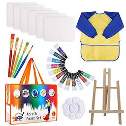 Sokg 27pcs conjunto de desenho de arte infantil 12 cores vibrantes tinta acrílica com 5 pincéis / paleta de tintas / cavalete / blusa de pintura gráfico de mistura de cores para crianças / adolescentes /