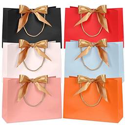 FYY 6 sacos de presente tamanho pequeno com alças a granel, sacos de papel coloridos impermeáveis com fita dourada para chá de bebê, festa de casamento, aniversário, celebrações (28 x 9,8 x 19,8 cm, 6 cores)