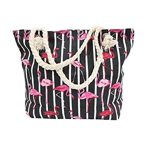 Bolsa de ombro feminina casual de lona grande capacidade (Preto-Flamingo)