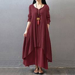 Domary Nova moda feminina casual vestido solto sólido boho longo de manga comprida vestido maxi