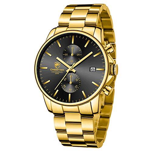 GOLDEN HOUR Relógios masculinos com pulseira de metal de aço inoxidável dourado moda casual cronógrafo relógio de quartzo à prova d'água, data automática em mostrador preto