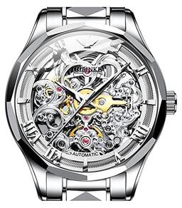 OUPINKE Relógio masculino esqueleto automático mecânico automático cristal safira vestido luxuoso aço tungstênio pulseira de dois tons, Relógio de esqueleto automático: branco, Relógio esqueleto, mecânico, relógio automático
