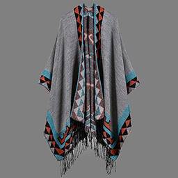 Domary Boho feminino tricotado xale Poncho falso cashmere padrão geométrico borla superdimensionada capa longa quente