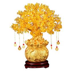 Garneck Feng Shui Chakra Cristal Dinheiro Árvore Bonsai Árvore da Sorte Chinesa com Moedas da Sorte para Decoração de Casa Amarelo