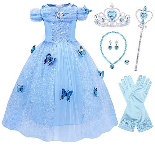 AmzBarley Meninas Princesa Borboleta Roupas Cosplay Festa de Aniversário de Halloween com 6 Acessórios para PCS Azul Tamanho 120 para 4-5 Anos