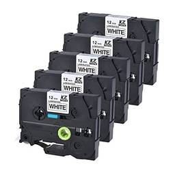 KKmoon Fita de etiqueta laminada 5 unidades preto sobre branco compatível com impressora de etiquetas Brother P-touch PT-1010 / PT-2100 / PT-18R / PT-E200 / PT-9500 12 mm * 8 m