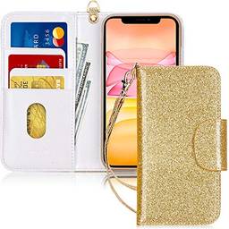 Capa de Celular FYY, Couro PU, Suporte, Compartimentos para Cartão, Bolso para Notas, Compatível com Iphone 11 - Dourado Brilhante