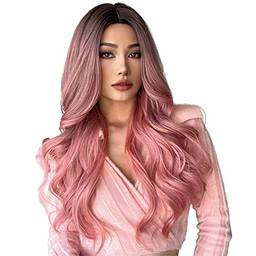 Mibee Peruca sintética peruca ondulada rosa peruca longa peruca