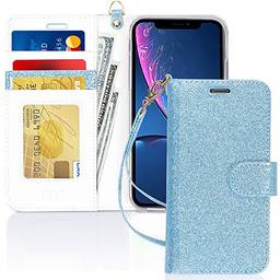 Capa de Celular FYY Para Iphone XR, Flip, PU, Compartimento de Cartão e Suporte - Azul Bebê Brilhante