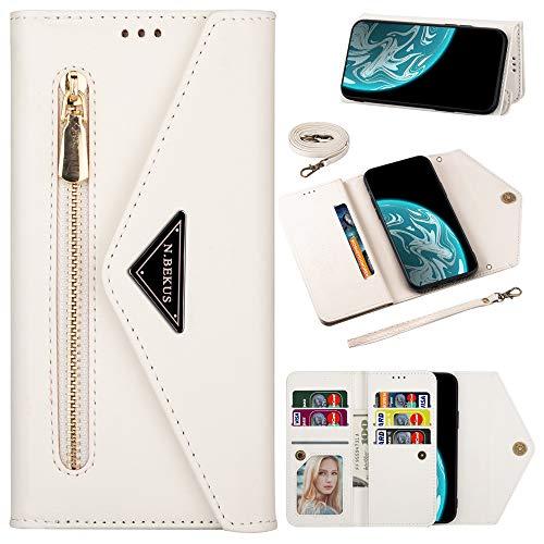 Capa carteira XYX para Samsung Note 20 Ultra, Galaxy Note 20 Ultra com compartimento para cartão de crédito, bolsa de corrente transversal, capa de couro com zíper para Samsung Note 20 Ultra - Branca