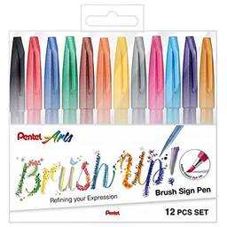 Kit Caneta Pincel, 12 Cores Tradicionais, Pentel, Brush Sign Pen - KITBRUSH-12T