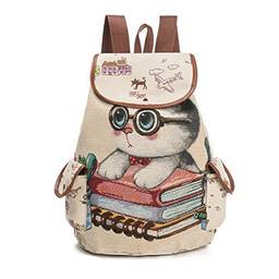 Domary Mochila feminina de lona de desenho animado gato padrão bolsa escola bolsos bolsa vintage casual mochila de viagem